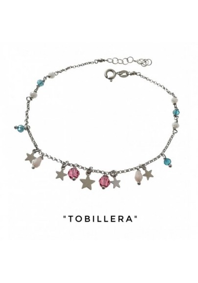 TOBILLERA ESTRELLAS Y PIEDRAS COLORES PLATA DE LEY