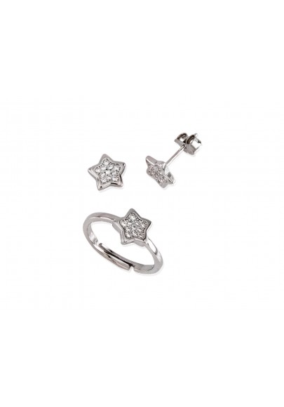 CONJUNTO DE PENDIENTES Y ANILLO EN PLATA Y FORMA DE ESTRELLA