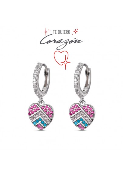 STERLING SILVER MULTICOLOURED HOOP EARRINGS WITH HEART CHARM