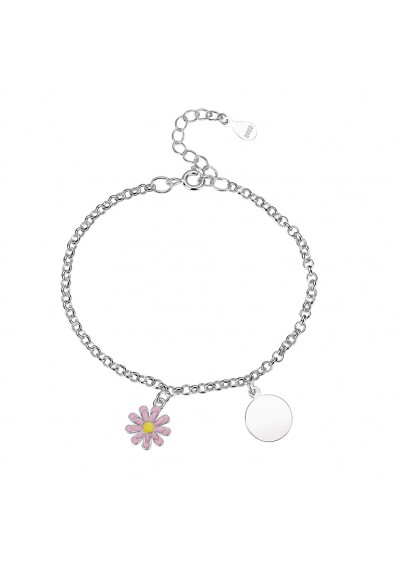 KIDS STERLING SILVER BRACELET WITH AN ENAMELLED FLOWER AND A DISC