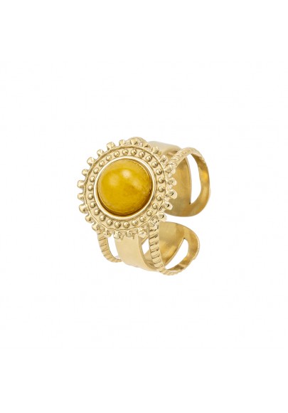 GOLD PLATED STAINLESS STEEL SUN RING WITH AMBER STONE