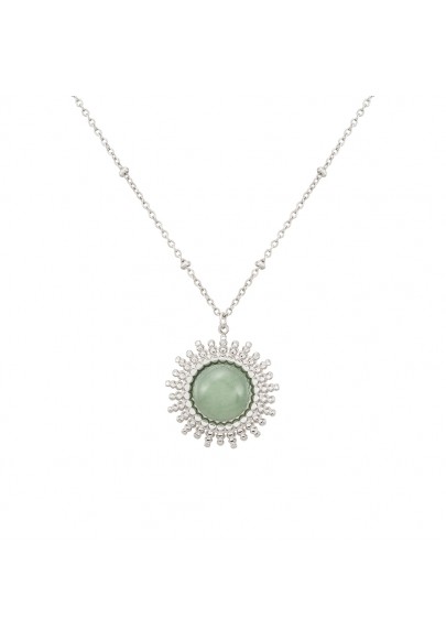 STAINLESS STEEL SUN NECKLACE WITH GREEN QUARTZ STONE