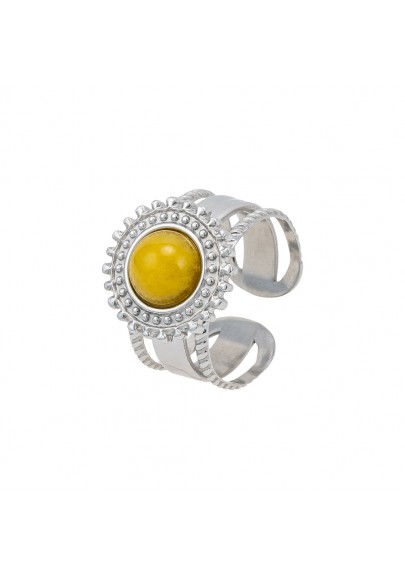 STAINLESS STEEL SUN RING WITH AMBER STONE