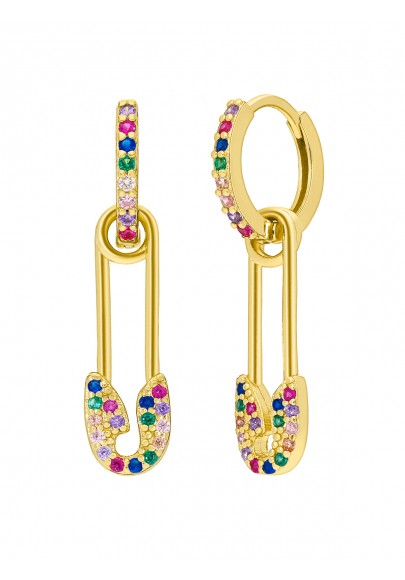 PENDIENTES ARO CON IMPERDIBLE PLATA DE LEY BAÑO DE ORO CON CIRCONITAS DE COLORES D02001/AH