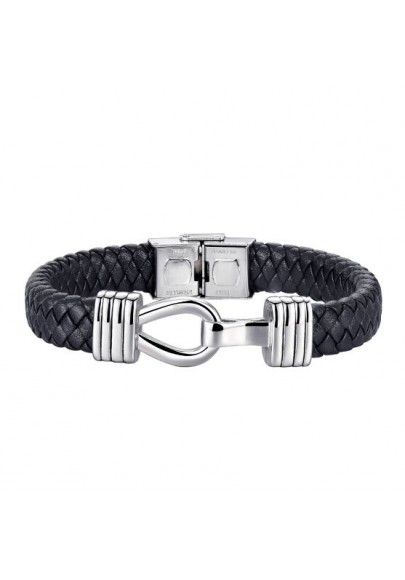 PULSERA CABALLERO ACERO CON CUERO TRENZADO NEGRO CON MOTIVO CENTRAL