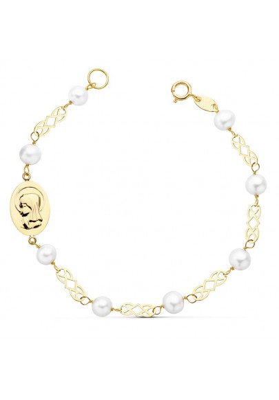 18K GOLD MY FIRST COMMUNION BRACELET WITH PEARLS AND VIRGIN MARY MEDAL