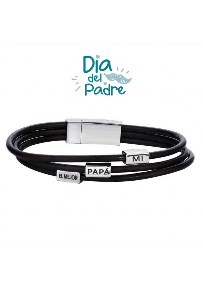 PULSERA HOMBRE ACERO CUERO TRIPLE MI PAPÁ EL MEJOR