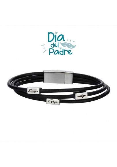 PULSERA HOMBRE ACERO CUERO TRIPLE SIEMPRE CONTIGO PAPÁ