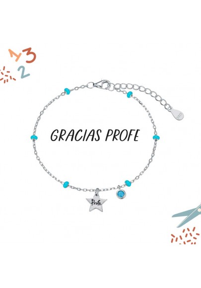 PULSERA PLATA DE LEY PROFE BOLAS TURQUESA Y ESTRELLA