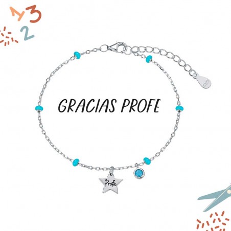 PULSERA PLATA DE LEY PROFE BOLAS TURQUESA Y ESTRELLA