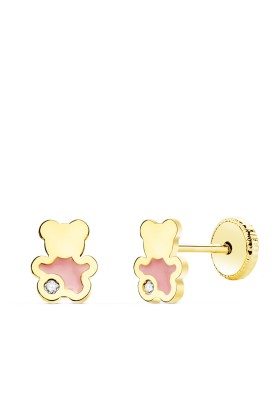 PENDIENTES ORO 18 KL OSO ESMALTE ROSA