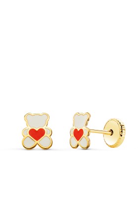 PENDIENTES ORO 18 KL OSO ESMALTE BLANCO Y CORAZÓN