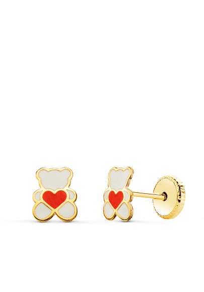 PENDIENTES ORO 18 KL OSO ESMALTE BLANCO Y CORAZÓN