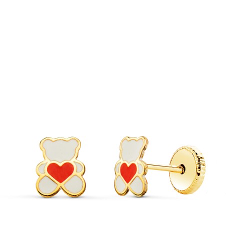 PENDIENTES ORO 18 KL OSO ESMALTE BLANCO Y CORAZÓN