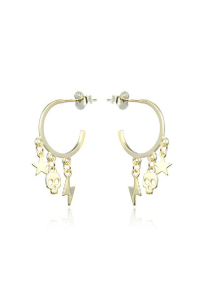 18kK GOLD PLATED STERLING SILVER HOOP EARRINGS WITH SKULL, STAR AND LIGHTNING