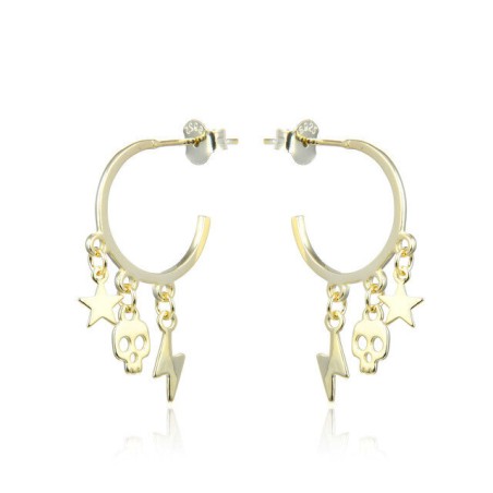 18kK GOLD PLATED STERLING SILVER HOOP EARRINGS WITH SKULL, STAR AND LIGHTNING