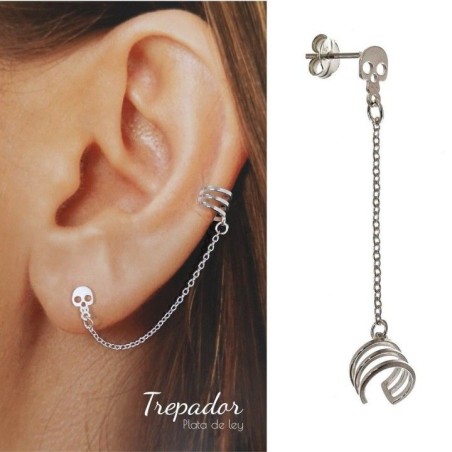 STERLING SILVER EAR CUFF EARRING WITH CHAIN AND SKULL