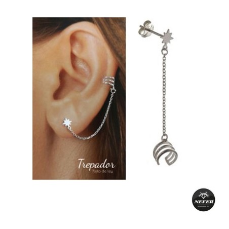 PENDIENTE EAR CUFF ROSA DE LOS VIENTOS CON CADENA PLATA DE LEY