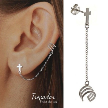 STERLING SILVER EAR CUFF EARRING WITH CHAIN AND CROSS