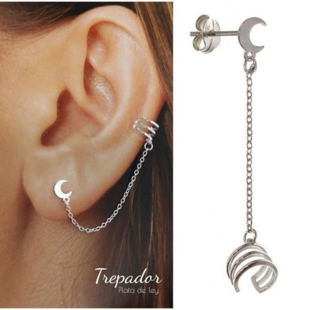 STERLING SILVER EAR CUFF EARRING WITH CHAIN AND MOON