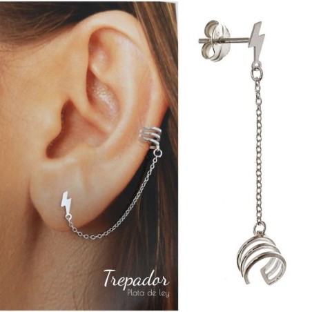 STERLING SILVER EAR CUFF EARRING WITH CHAIN AND LIGHTNING