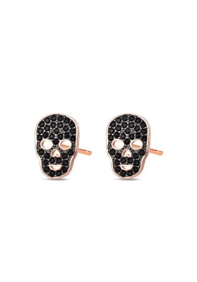 STERLING SILVER EAR STUDS SKULL EARRINGS WITH BLACK CUBIC ZIRCONIA