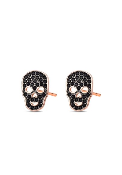 PENDIENTES CALAVERA PLATA DE LEY ORO ROSA CON CIRCONITAS NEGRAS