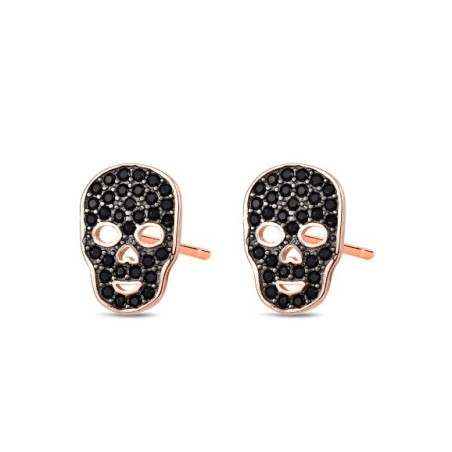 PENDIENTES CALAVERA PLATA DE LEY ORO ROSA CON CIRCONITAS NEGRAS