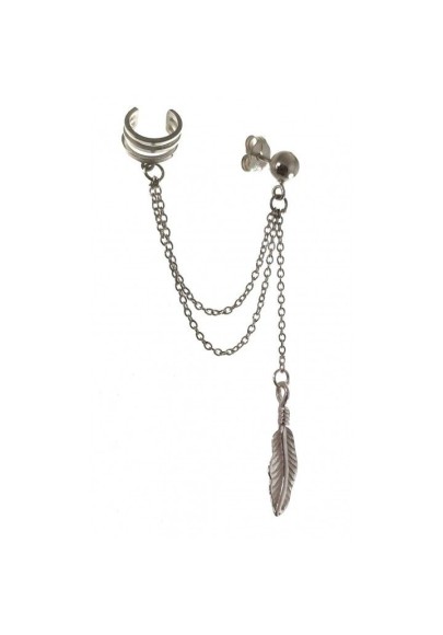 STERLING SILVER EAR CUFF EARRING WITH CHAIN AND FEATHER