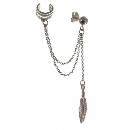 STERLING SILVER EAR CUFF EARRING WITH CHAIN AND FEATHER