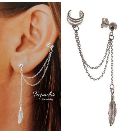 STERLING SILVER EAR CUFF EARRING WITH CHAIN AND FEATHER