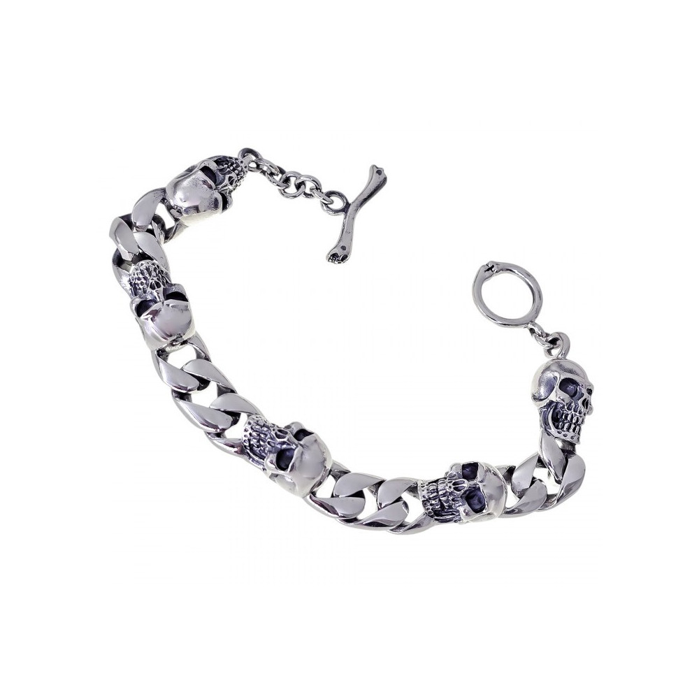 PULSERA CABALLERO CALAVERAS Y ESLABONES PLATA DE LEY