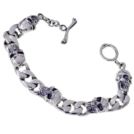 PULSERA CABALLERO CALAVERAS Y ESLABONES PLATA DE LEY