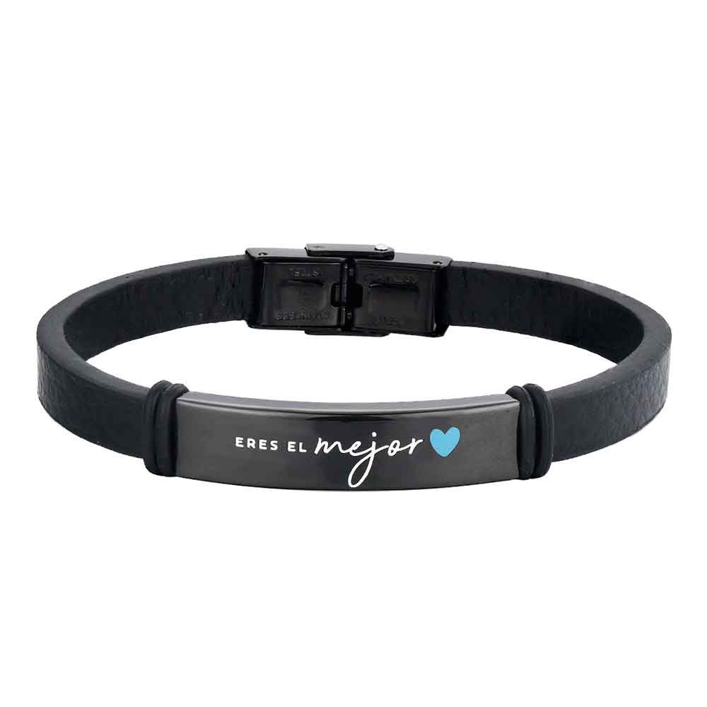 PULSERA HOMBRE ACERO CUERO NEGRO PAPÁ "ERES EEL MEJOR"