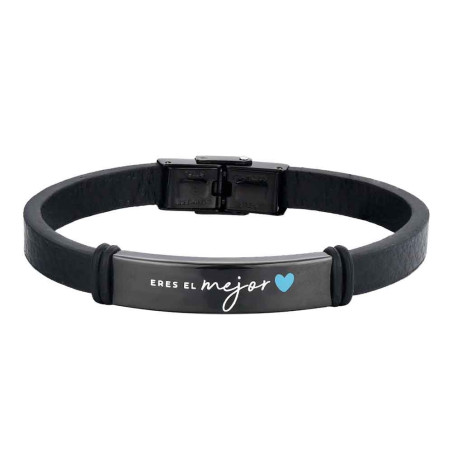 PULSERA HOMBRE ACERO CUERO NEGRO PAPÁ "ERES EEL MEJOR"
