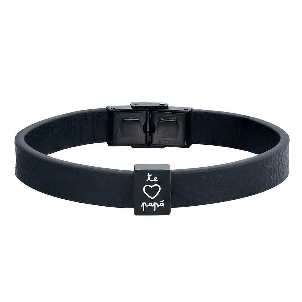 PULSERA HOMBRE ACERO CUERO NEGRO TE QUIERO PAPÁ
