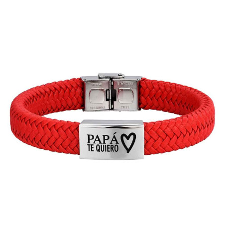 PULSERA HOMBRE ACERO CUERO TRENZADO ROJO PAPÁ TE QUIERO