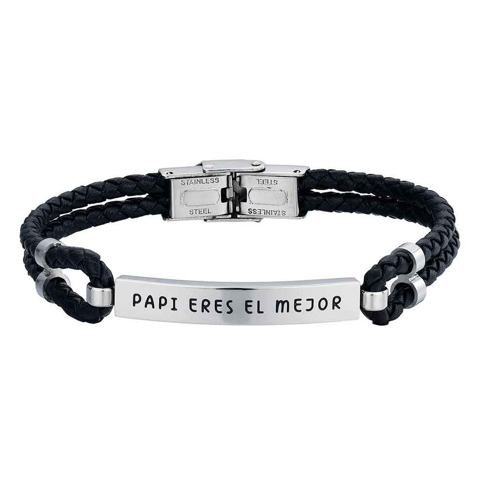 PULSERA HOMBRE ACERO CUERO DOBLE TRENZADO NEGRO PAPI ERES EL MEJOR