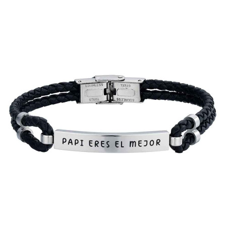 PULSERA HOMBRE ACERO CUERO DOBLE TRENZADO NEGRO PAPI ERES EL MEJOR