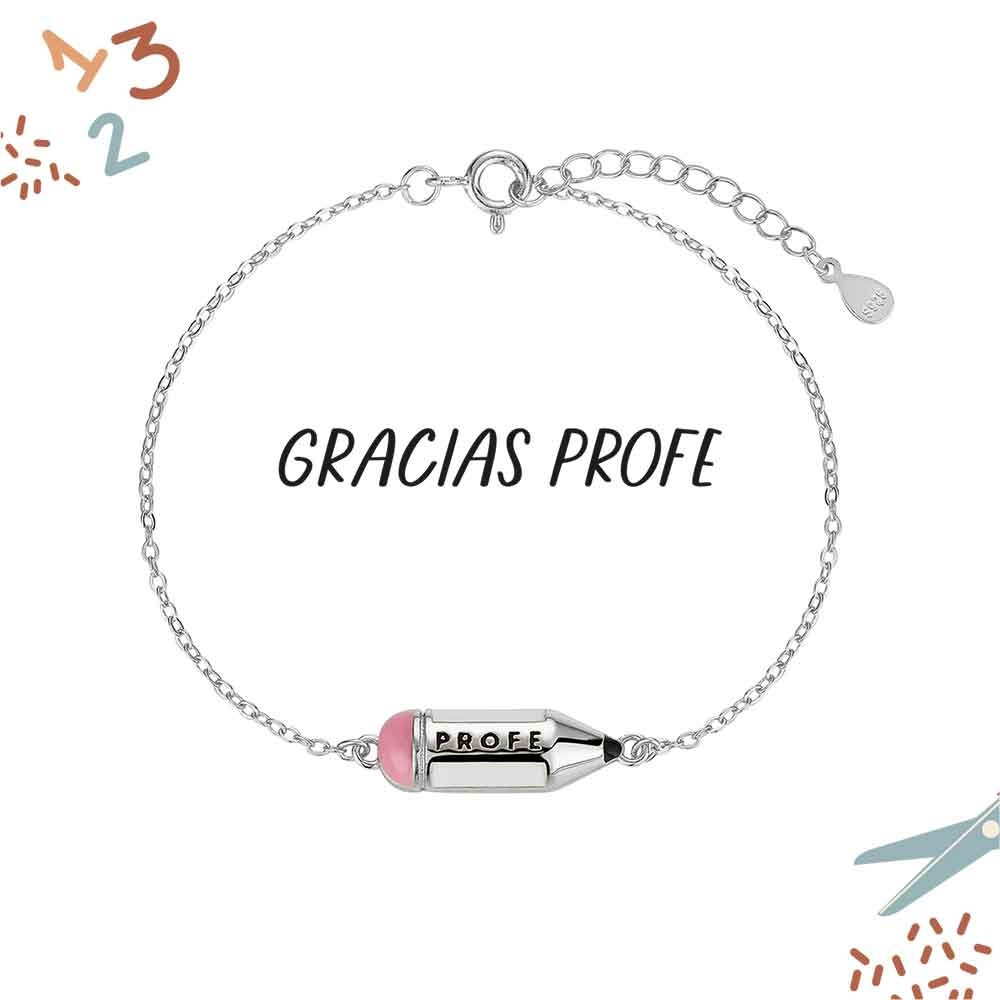 PULSERA PLATA DE LEY PROFE CON LÁPIZ ESMALTE BLANCO Y ROSA