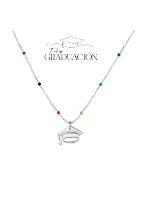 COLLAR GRADUACIÓN PLATA DE LEY CON BOLITAS MULTICOLOR Y BIRRETE