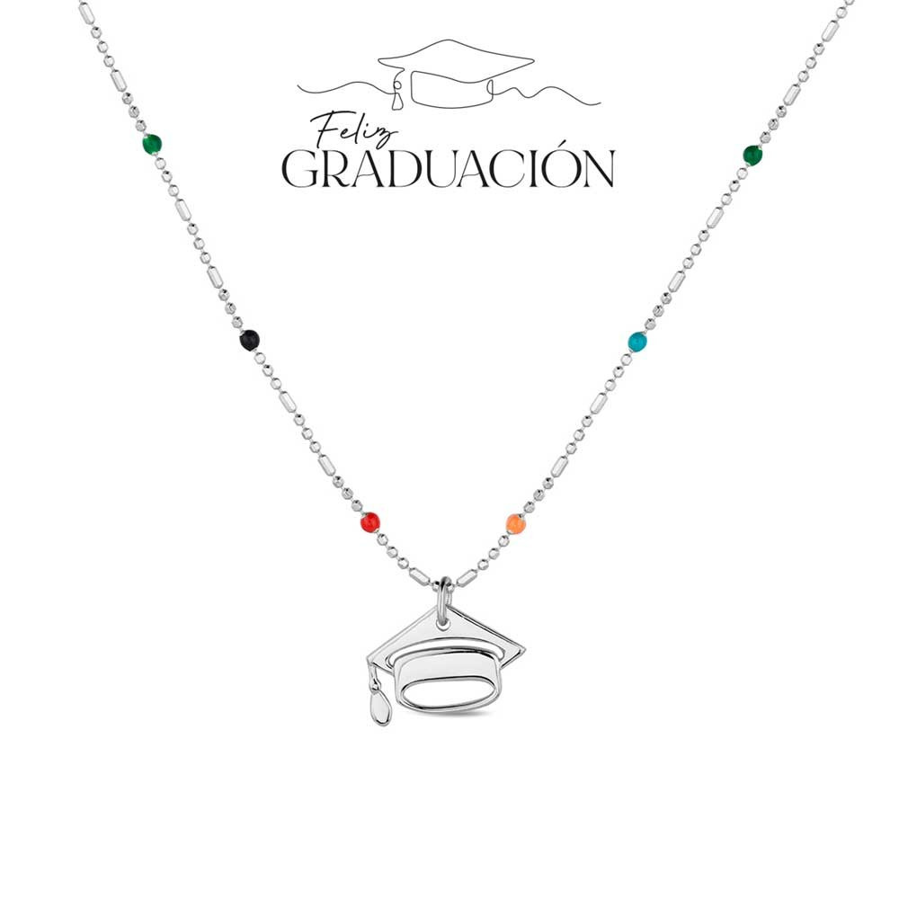 COLLAR GRADUACIÓN PLATA DE LEY CON BOLITAS MULTICOLOR Y BIRRETE