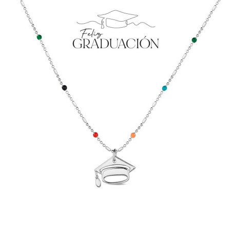 COLLAR GRADUACIÓN PLATA DE LEY CON BOLITAS MULTICOLOR Y BIRRETE