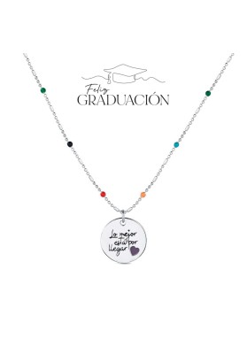 COLLAR GRADUACIÓN "LO MEJOR ESTÁ POR LLEGAR" PLATA DE LEY CON BOLITAS MULTICOLOR Y BIRRETE