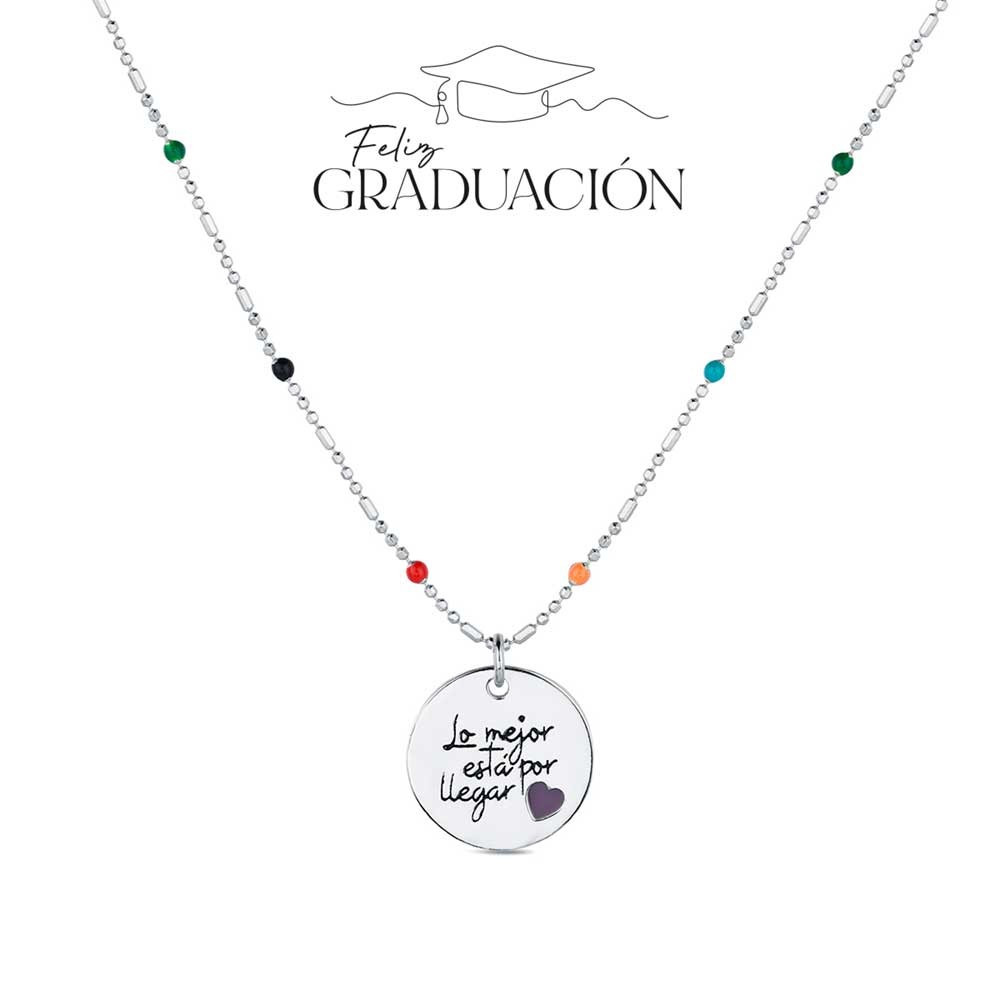 COLLAR GRADUACIÓN "LO MEJOR ESTÁ POR LLEGAR" PLATA DE LEY CON BOLITAS MULTICOLOR Y BIRRETE