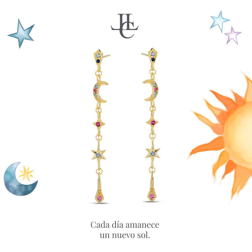 PENDIENTES LUNAS Y ESTRELLAS CIRCONITAS MULTICOLOR PLATA DE LEY BAÑO DE ORO