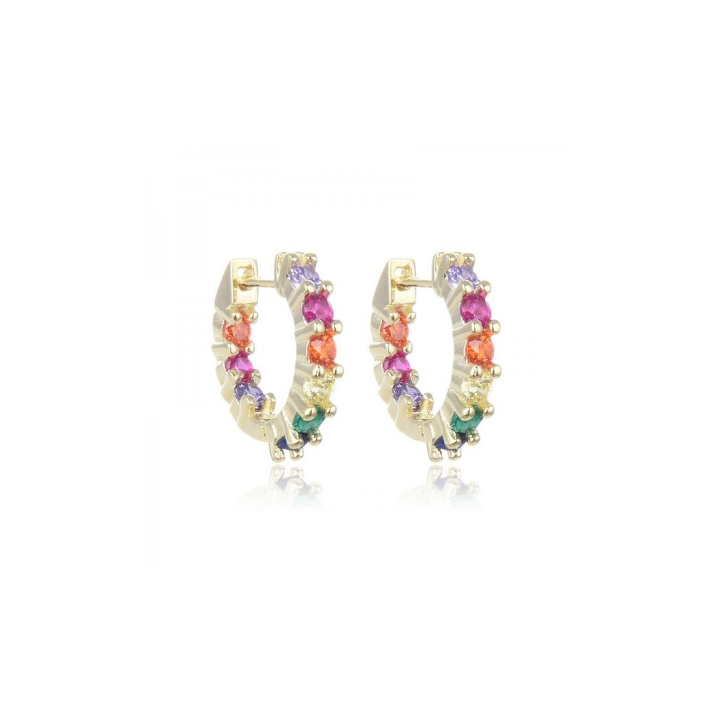 PENDIENTES ARO PIEDRAS MULTICOLOR PLATA DE LEY BAÑO DE ORO-13 MM