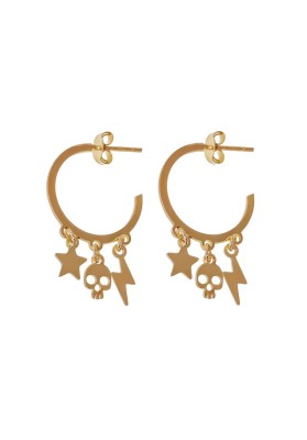 18kK GOLD PLATED STERLING SILVER HOOP EARRINGS WITH SKULL, STAR AND LIGHTNING