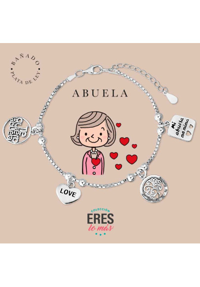 PULSERA DE LA ABUELA "ERES LO MÁS" CON CUATRO COLGANTES METAL BAÑADO EN PLATA