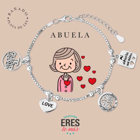 PULSERA DE LA ABUELA "ERES LO MÁS" CON CUATRO COLGANTES METAL BAÑADO EN PLATA